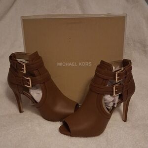 Michael Kors Tan Peep-Toe Heels with Buckle Detail